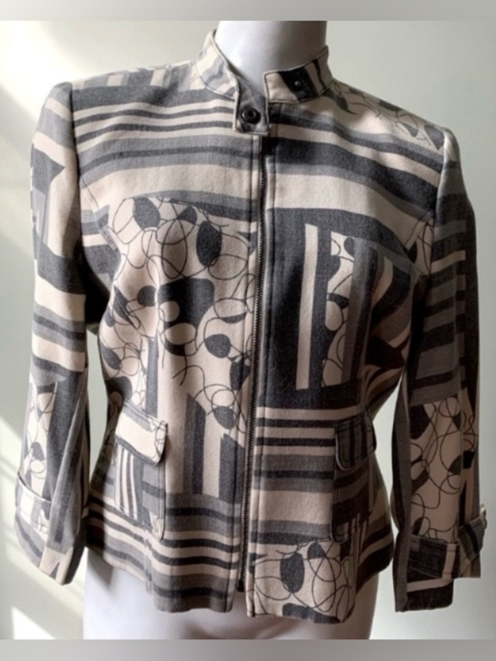 David Meister Wool Graphic Patterned Zip-Front Jacket Blazer